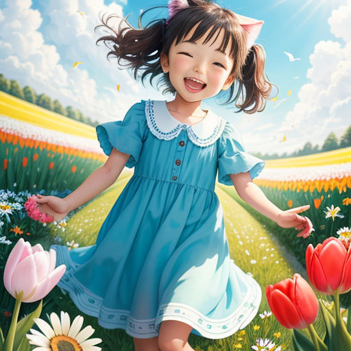 The Girl and the Cute Cat in the Flower Field