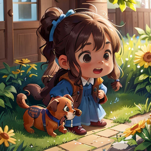 a little girl walking a dog in a field of flowers next to a house with a dog on the ground