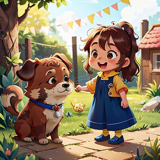 a little girl standing next to a dog on a sidewalk in a park with a house and flags in the background