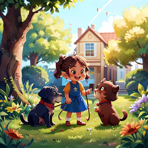 a little girl holding a leash with two dogs in front of her and a house in the background with a dog on a leash