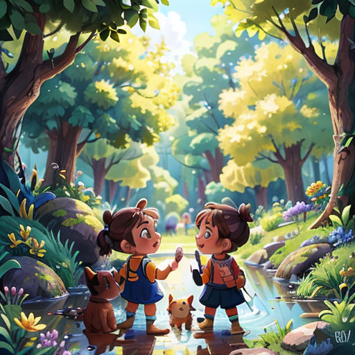 two children are standing in the woods with their dog and cat, and one is holding an umbrella and the other is holding a dog