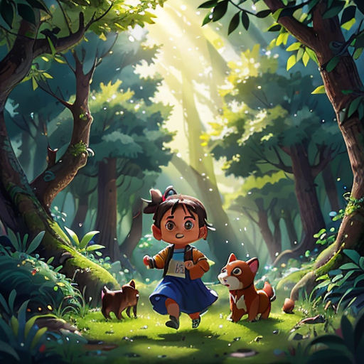 a girl and her dog in the woods with sunlight coming through the trees and the forest floor is full of green grass