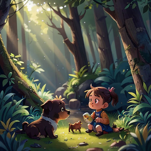 a boy and a dog in a forest with a dog looking at something in the distance with sunlight shining through the trees