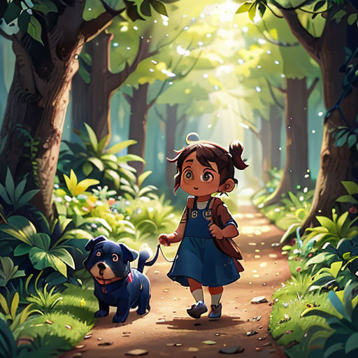 a little girl walking a dog through a forest with a light shining on her face and a dog on a leash