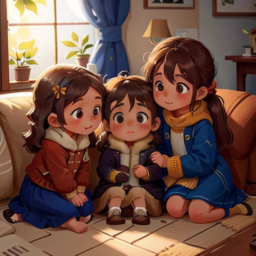 three children sitting on a couch in a living room with a window behind them and a painting of a woman and two children
