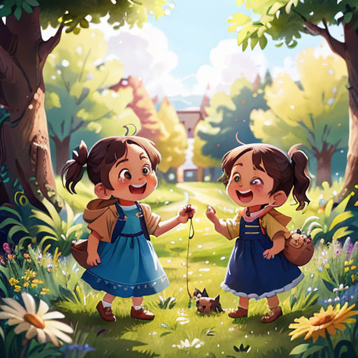 two little girls are walking through the woods together, one is holding a dog and the other is holding a leash