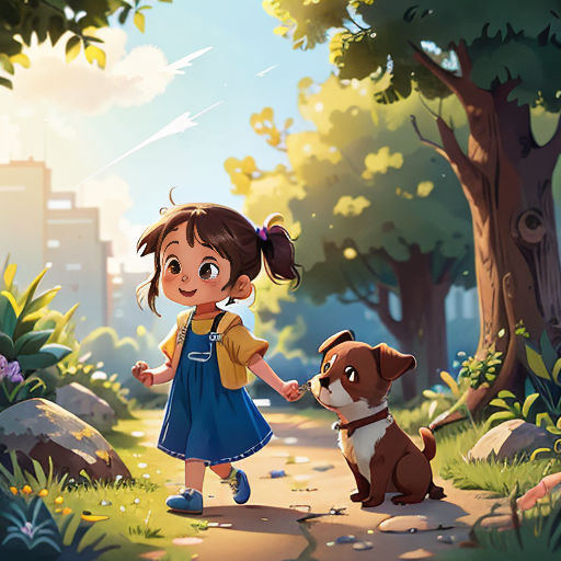 a little girl walking a dog in a park with a city in the background and a dog on the ground