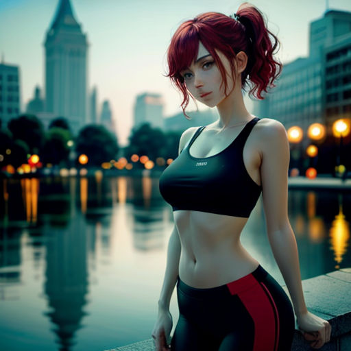 a woman in a sports bra top and leggings standing by a body of water at night with a city skyline in the background