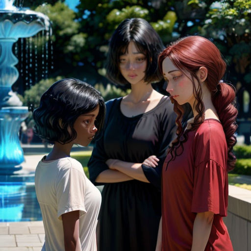 three women standing next to each other near a fountain with a fountain in the background and a fountain in the foreground