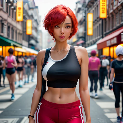a woman with red hair and a crop top on a city street with people walking by in the background