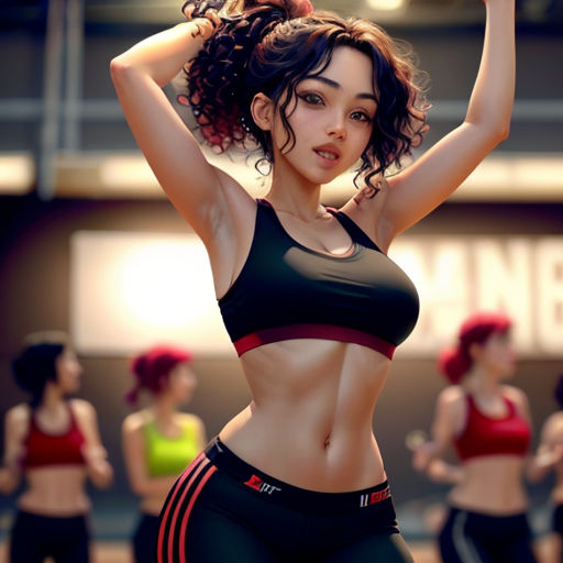 a woman in a sports bra top and shorts dancing in a dance studio with other women in the background