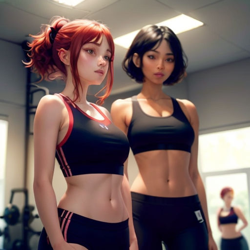 two women in sports bras standing in a gym room with a mirror behind them and a woman in a bra top