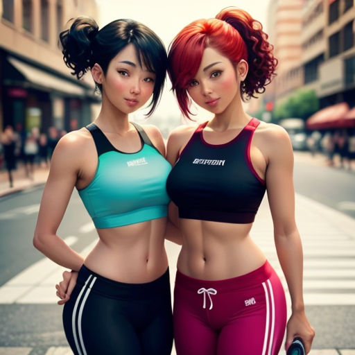 two women in sports bras standing next to each other on a street corner with a crosswalk in the background