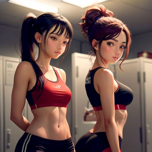 two women in sports wear standing in a room with lockers behind them and a refrigerator behind them,