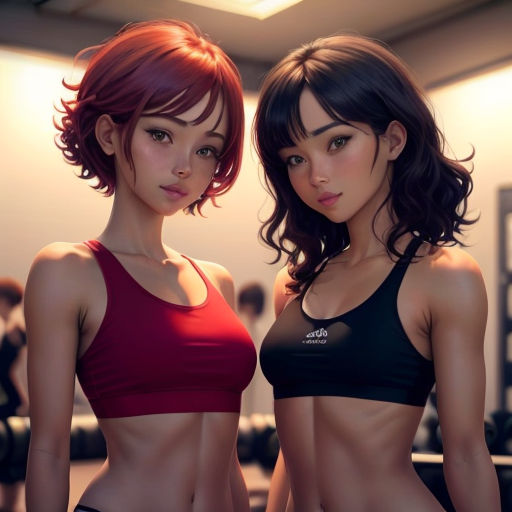 two women in sports bras standing next to each other in a gym room with a mirror on the wall