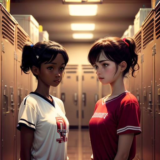 two girls standing in a hallway next to lockers with lockers behind them and a light above them