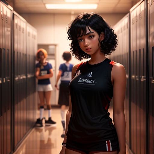 a woman standing in a hallway next to lockers with lockers behind her and a group of people in the background