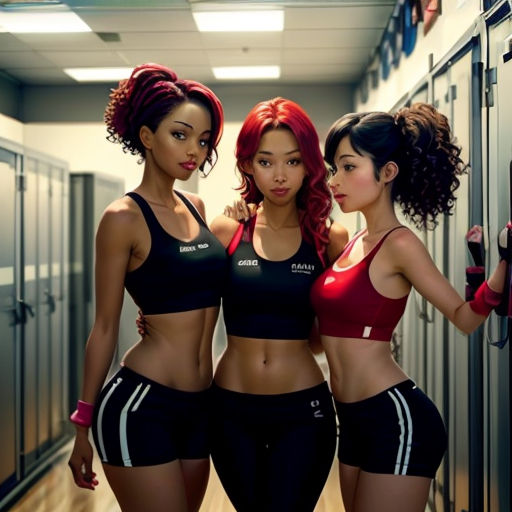 three women in sports wear standing in a hallway next to lockers and locker doors, one of them is wearing a red top