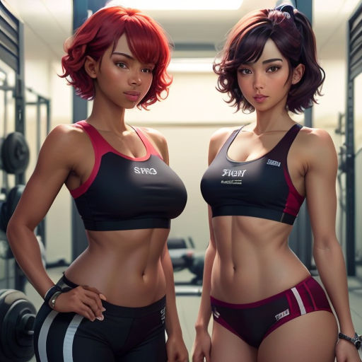 two women in sports bras standing next to each other in a gym room with a barbell in the background