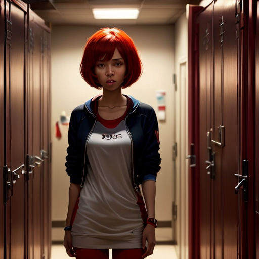 a woman with red hair standing in a hallway with red doors and a white shirt on her chest and a black jacket on
