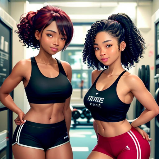 two women in sports bras standing next to each other in a gym room with a locker full of machines