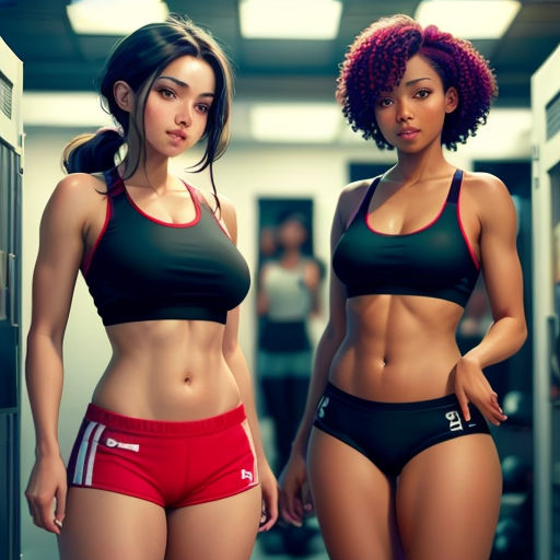 two women in sports bras standing in a locker room with lockers behind them and a man in the background