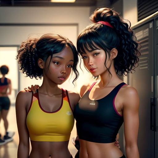 two women standing next to each other in a locker room with lockers behind them and a woman in a sports bra top