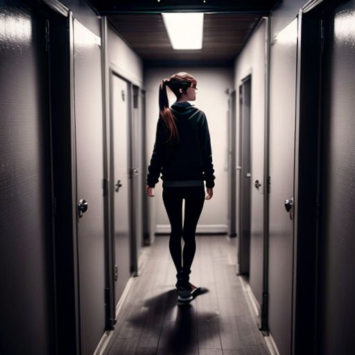 a woman standing in a hallway with her hair in a ponytail and looking up at the ceiling of the hallway