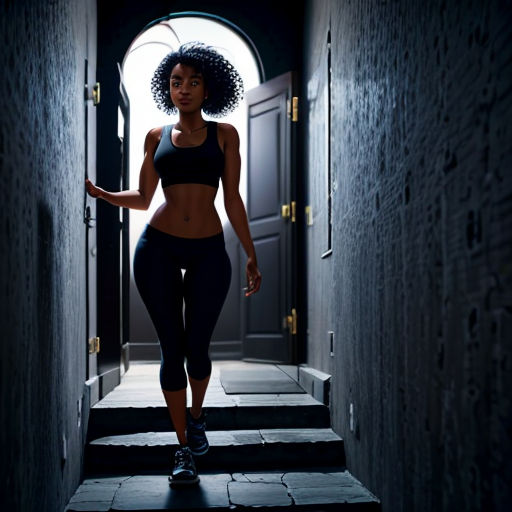 a woman in a sports bra top and leggings is walking down a flight of stairs in a dark hallway