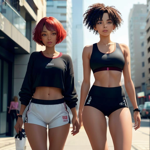 two women in sports bras walking down a street together, both wearing matching sports bras and shorts