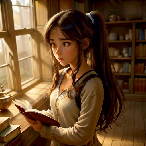 a girl reading a book in a library by a window with a bookcase in the background and a window with a book