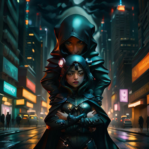 a couple of people standing on a street in the rain at night with a city in the background and a neon light