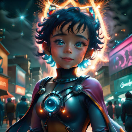 a woman in a futuristic suit standing in a city at night with a neon star above her head and a neon light above her head