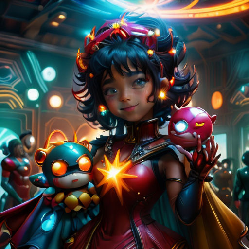 a woman in a costume holding a toy in a room with other people around her and a star on her chest