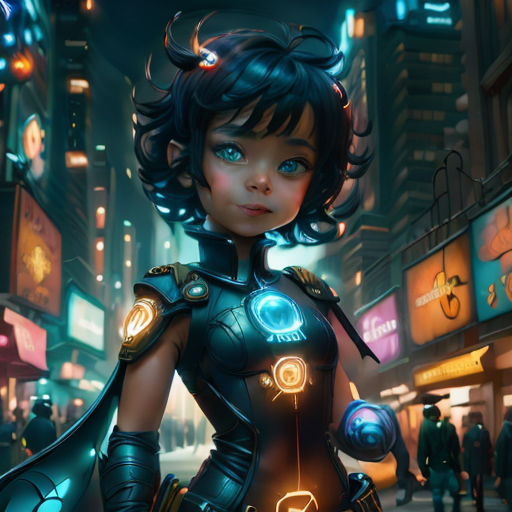 a woman in a futuristic suit standing in the middle of a city at night with neon lights on her chest