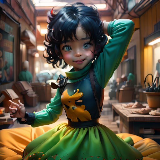 a cartoon girl in a green dress with a giraffe on her chest and a giraffe on her shoulder