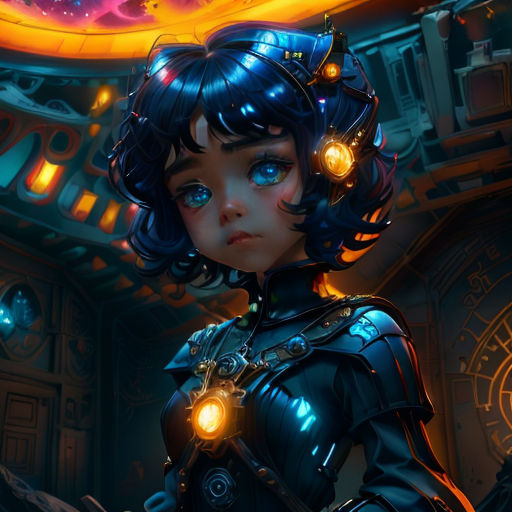a girl with blue eyes and a black outfit with a clock in the background and a yellow light in her hand