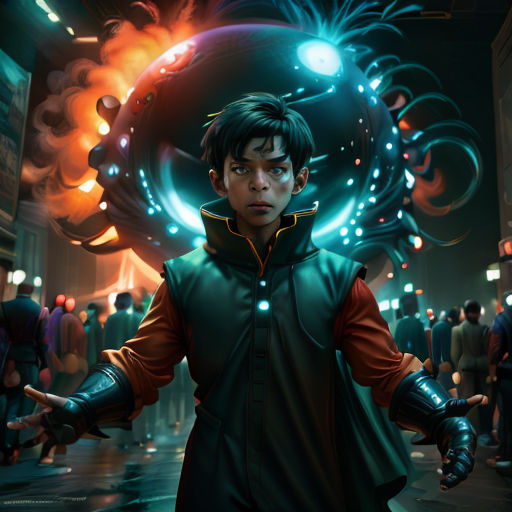 a man in a futuristic suit holding a glowing object in his hands and a crowd of people in the background