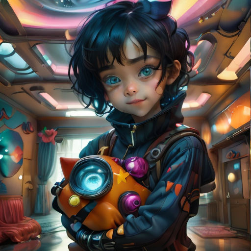 a girl holding a stuffed animal in a room with a ceiling light and a ceiling fan behind her is a futuristic looking room