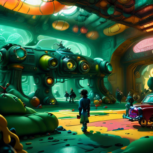 a man standing in a room with a car and a spaceship in the background and a man in a suit standing in the foreground