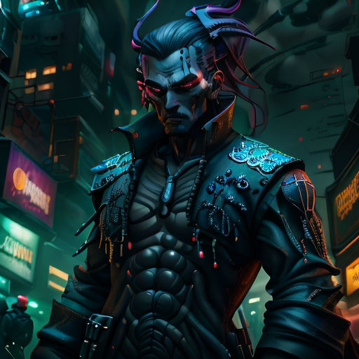a man in a black outfit with horns and a demon face on his head in a city at night