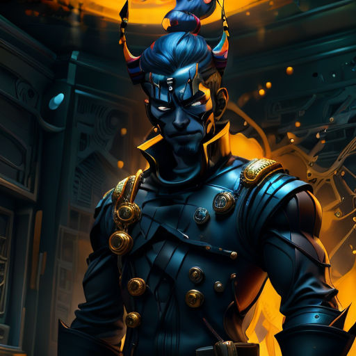a man in a blue costume with horns and horns on his head, standing in front of a yellow background