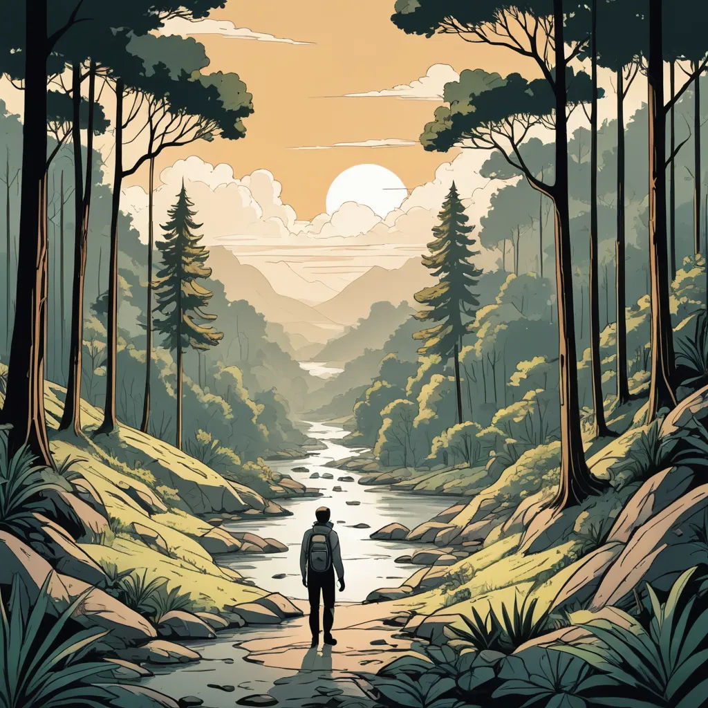 a man walking down a path through a forest filled with trees and rocks under a sunset sky with a river running through it, environmental art, a storybook illustration, Dan Mumford, laurie greasley