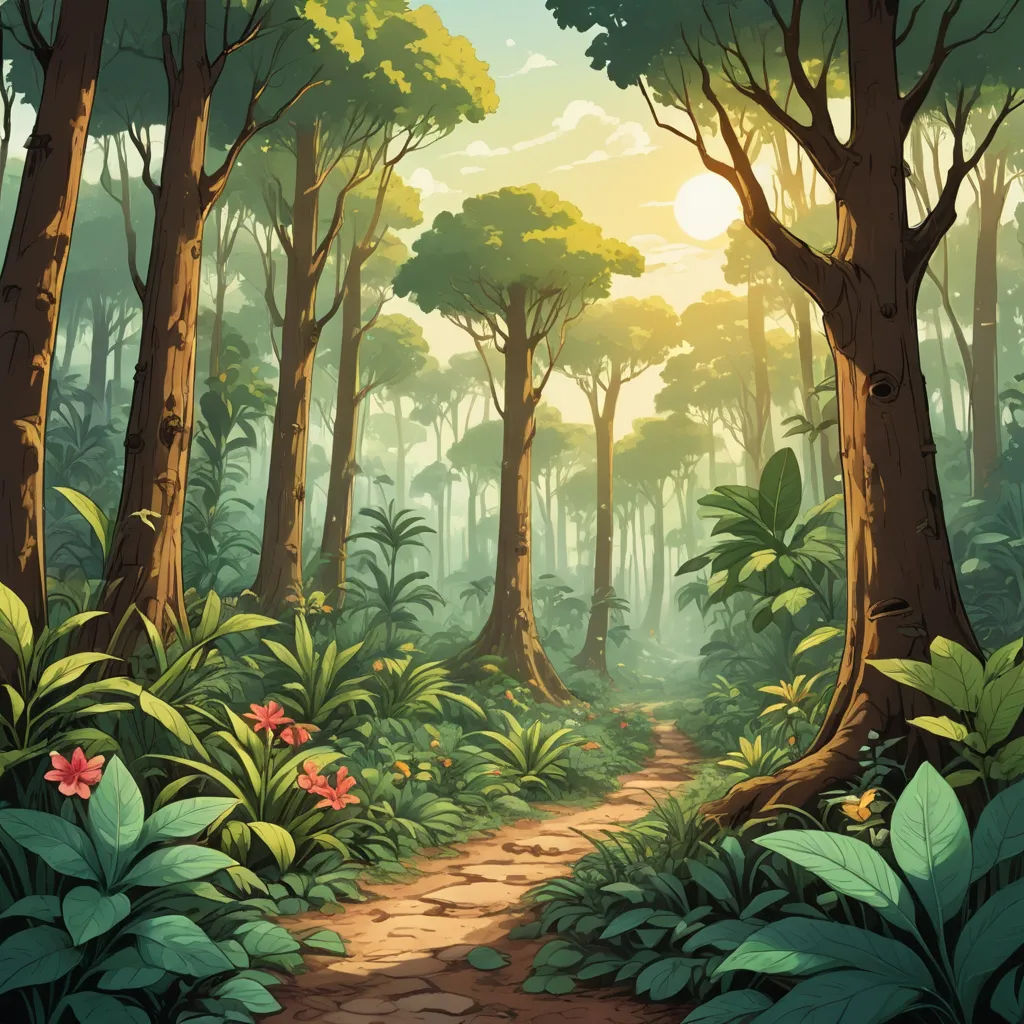a painting of a path through a forest with trees and flowers on either side of it and a sun shining through the trees, fantasy art, a detailed matte painting, Chris LaBrooy, forest