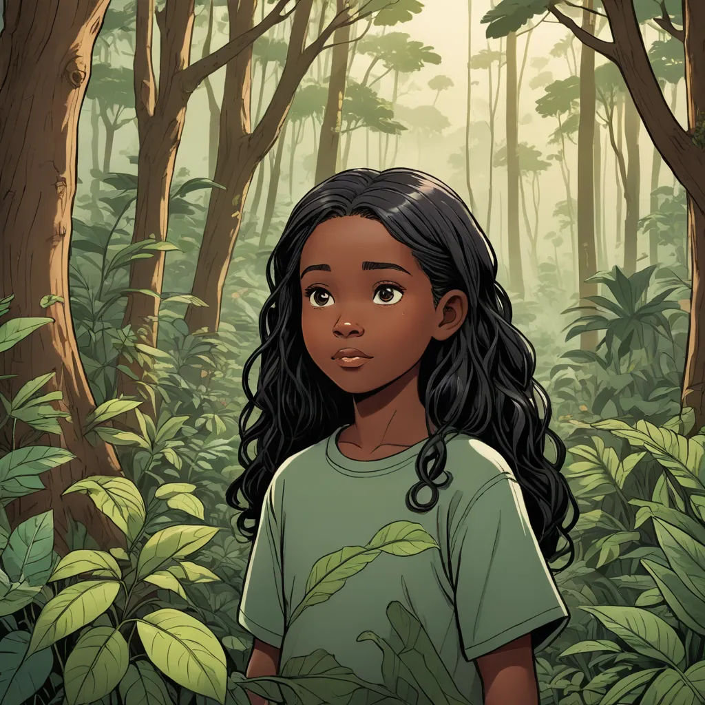 a girl standing in the middle of a forest with a lot of trees and plants around her and a sunbeam, sots art, a character portrait, Chinwe Chukwuogo-Roy, cushart krenz