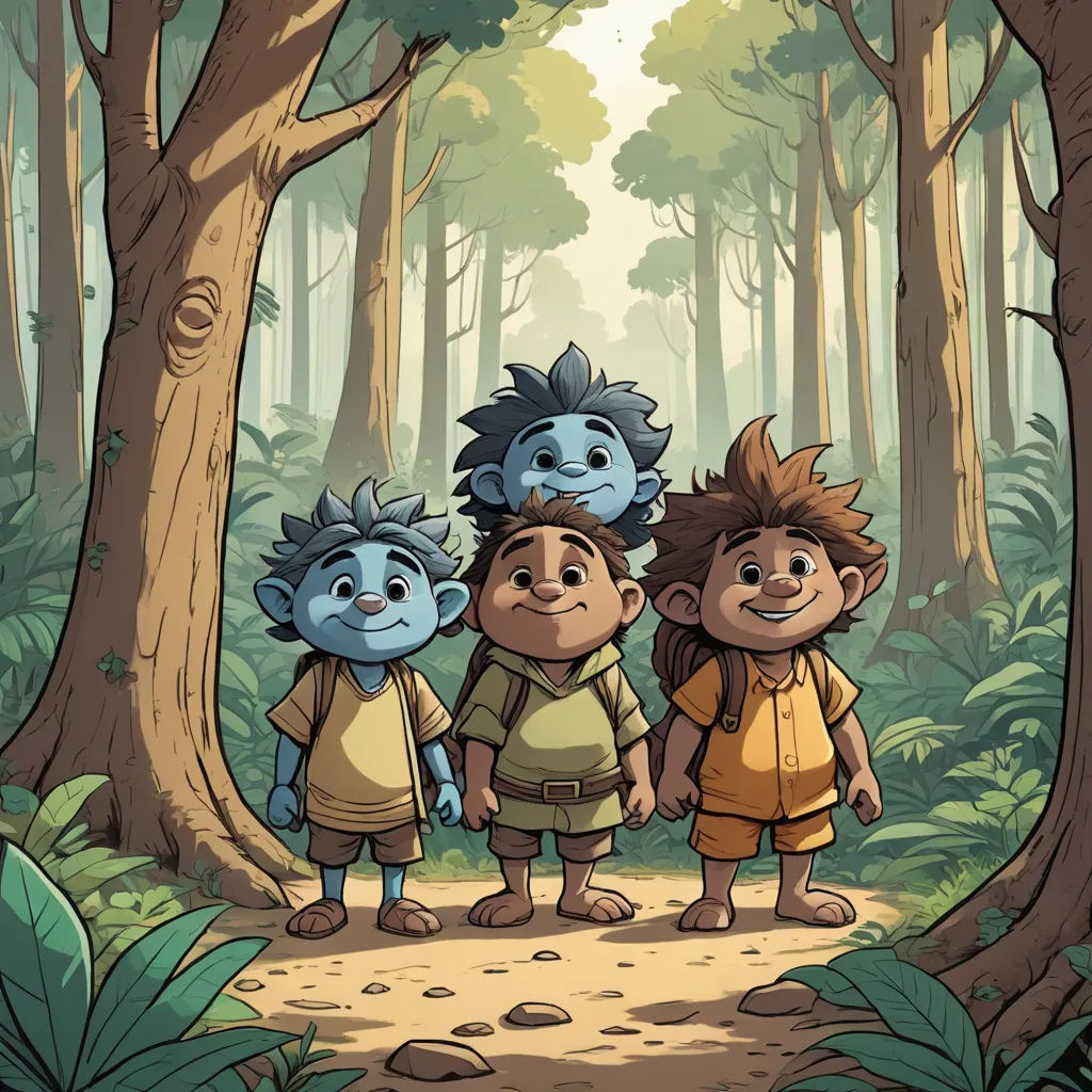 three cartoon characters are walking through the woods together, with a forest background behind them and a path leading to them, fantasy art, a storybook illustration, Diego Gisbert Llorens, comic cover art