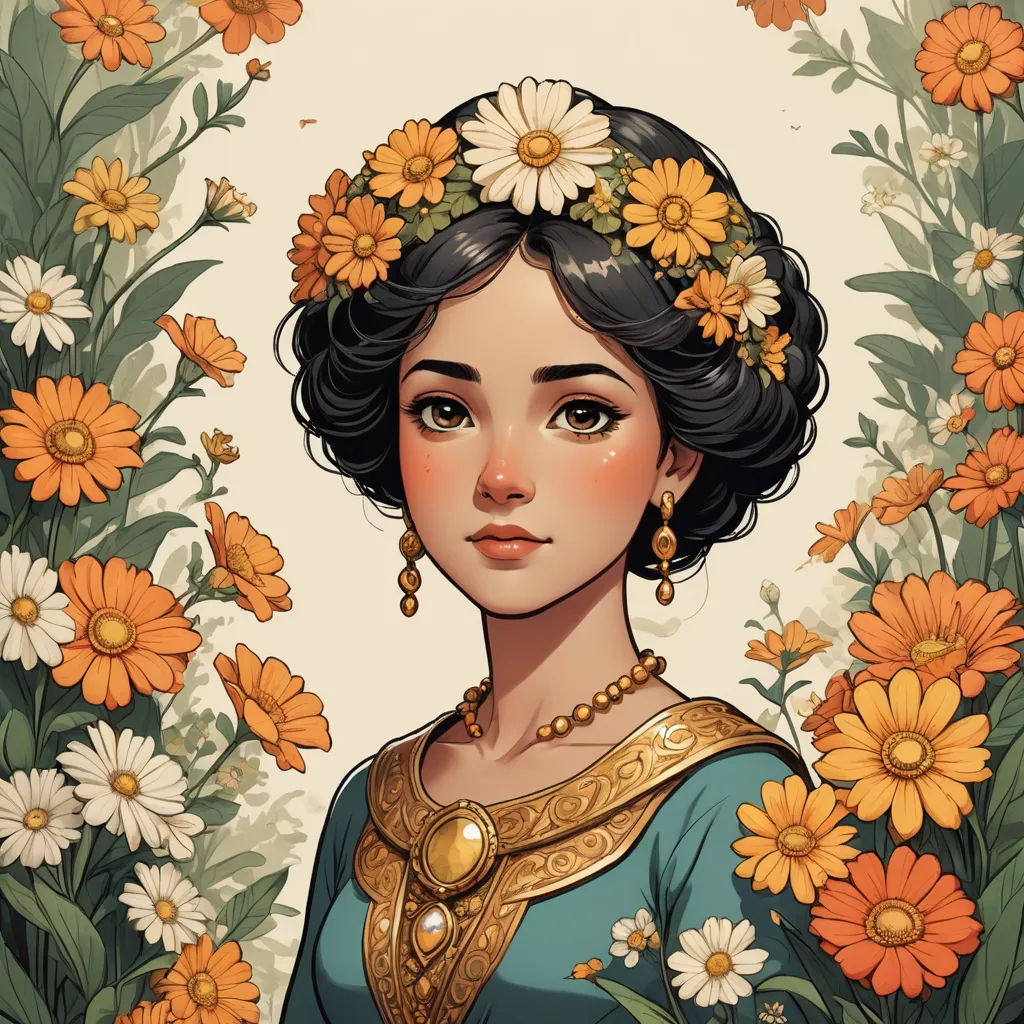 a woman with a wreath of flowers in her hair and a necklace on her head, standing in front of a flowery background, qajar art, a character portrait, Altoon Sultan, trending on art station