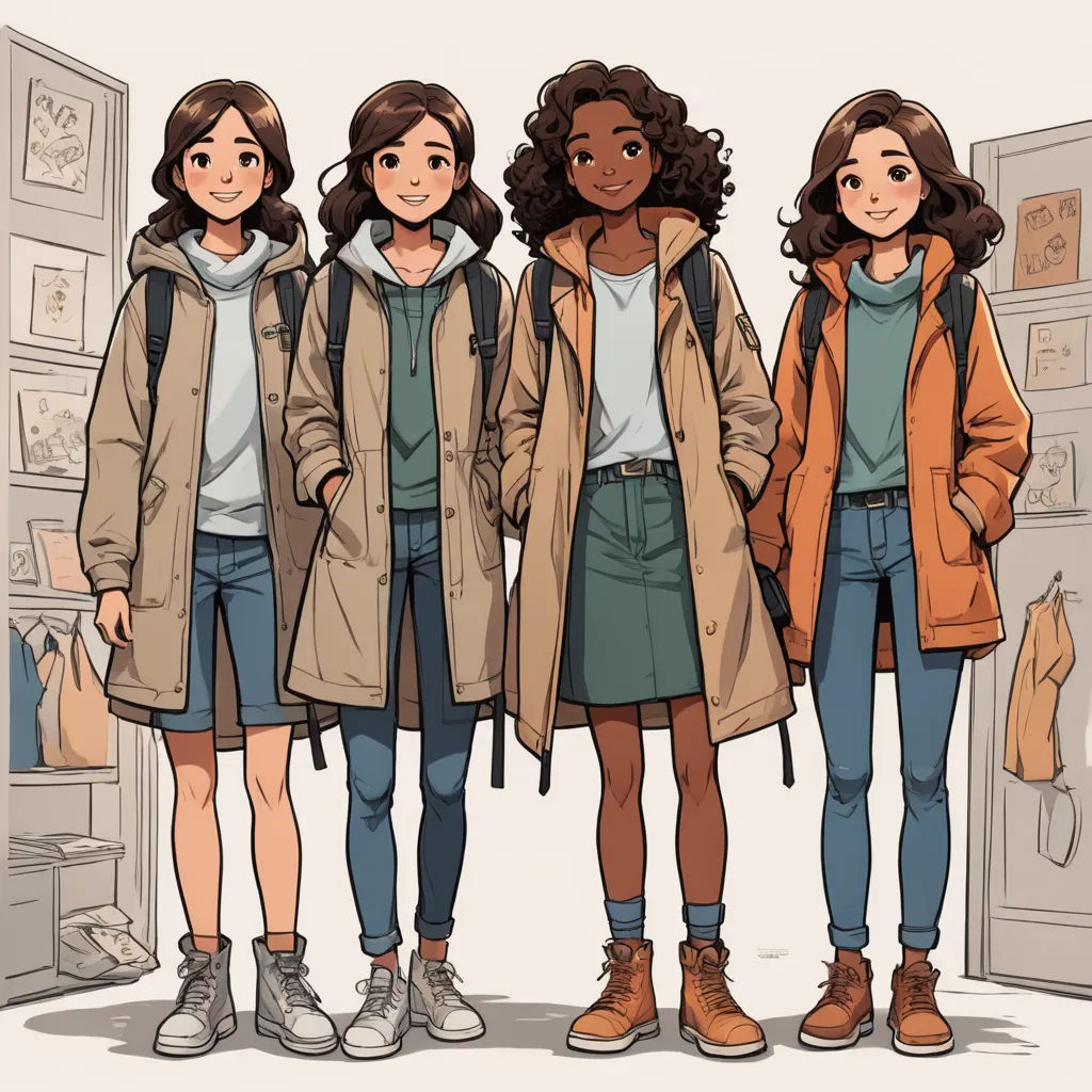 three girls standing in a line in a room with a door open and a coat on their shoulders and hood on, serial art, a manga drawing, Atey Ghailan, cushart krenz