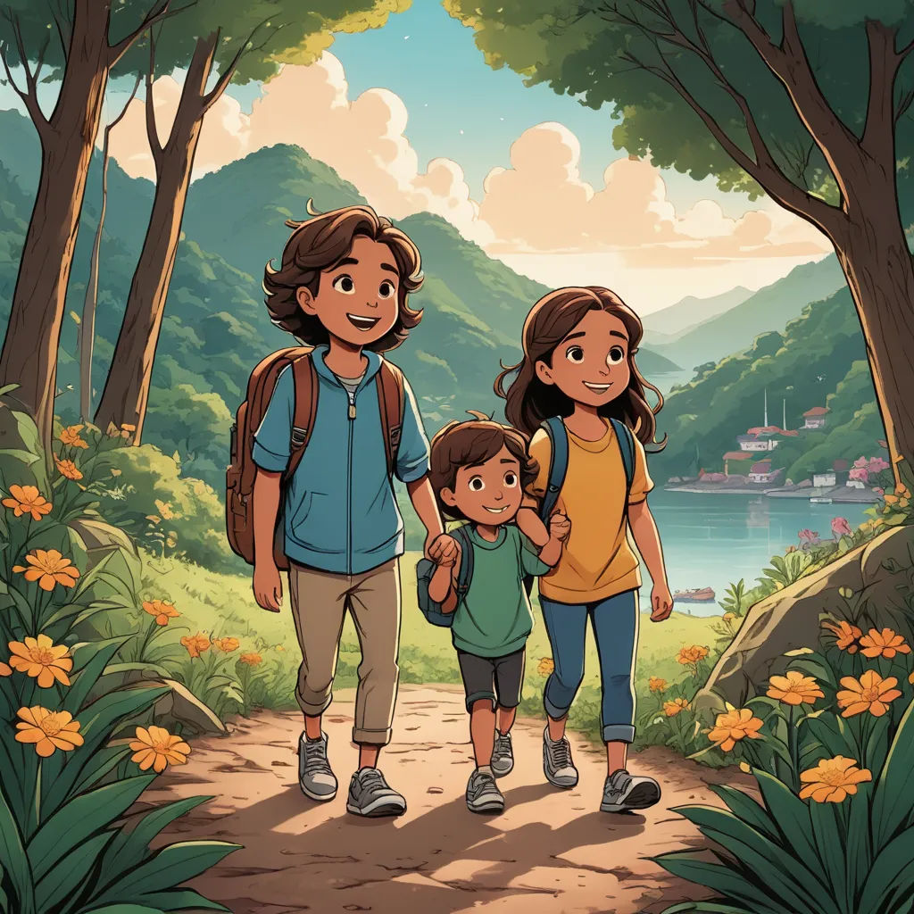 a family of three walking down a path through a forest with flowers and trees on either side of the path, process art, a storybook illustration, Diego Gisbert Llorens, official art