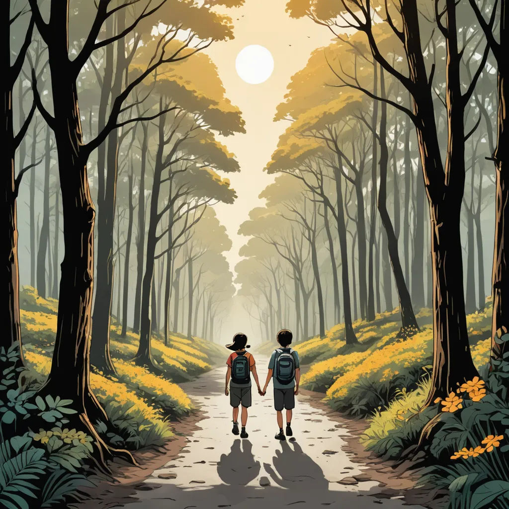 two people walking down a path in the woods holding hands and looking at the sun through the trees on a sunny day, magical realism, a storybook illustration, Dan Mumford, book cover